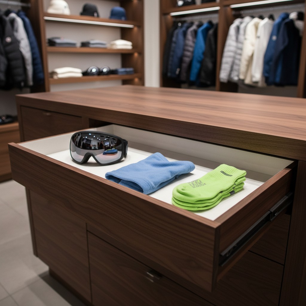 title Closet accessories: gray safety goggles, light blue socks, and neon green socks, displayed on open drawer.